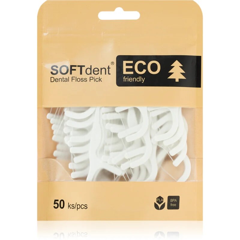 SOFTdent ECO Dental Floss Pick dentalni zobotrebci z zobno nitko 50 kos