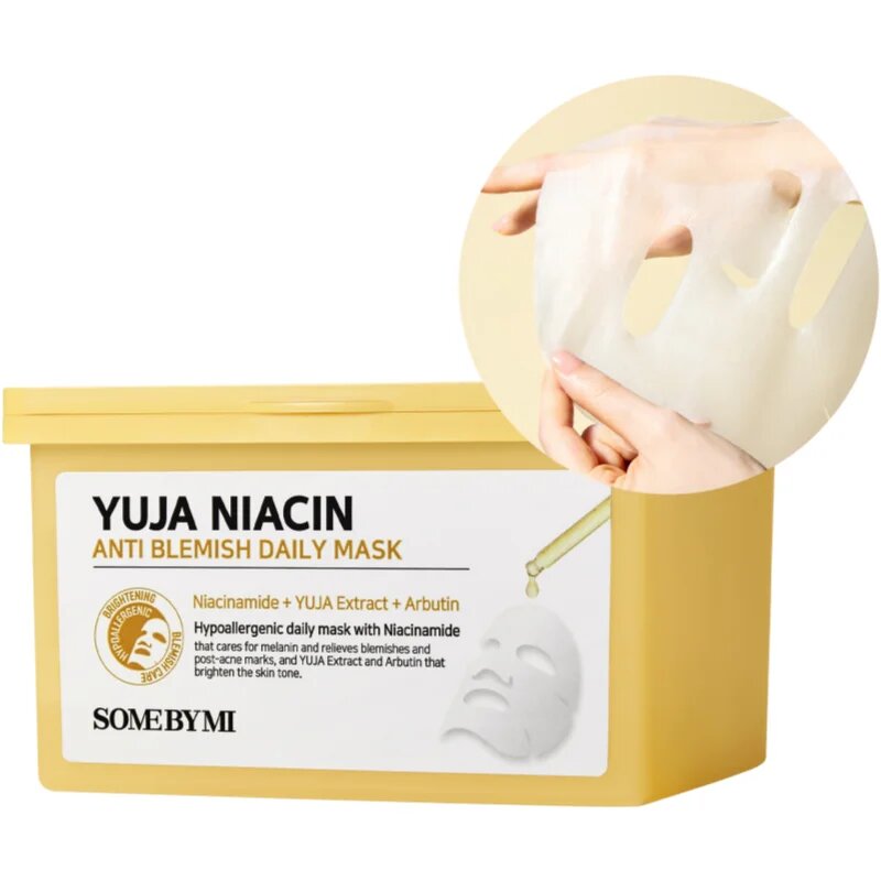 Some By Mi Yuja Niacin Anti Blemish Daily Mask revitalizacijska maska iz platna za poenotenje tona kože veliko pakiranje 30 kos