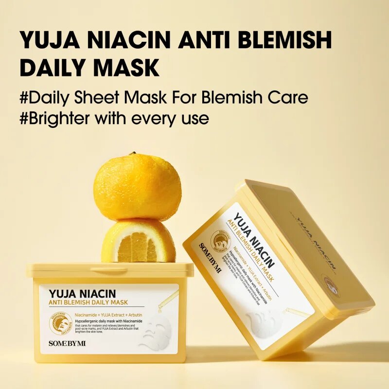 Some By Mi Yuja Niacin Anti Blemish Daily Mask revitalizacijska maska iz platna za poenotenje tona kože veliko pakiranje 30 kos
