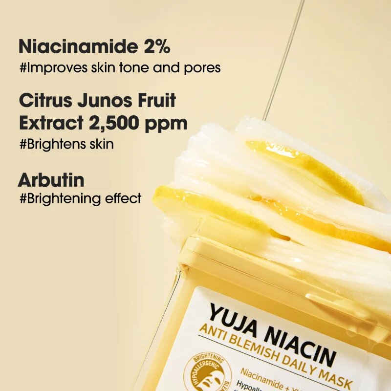 Some By Mi Yuja Niacin Anti Blemish Daily Mask revitalizacijska maska iz platna za poenotenje tona kože veliko pakiranje 30 kos