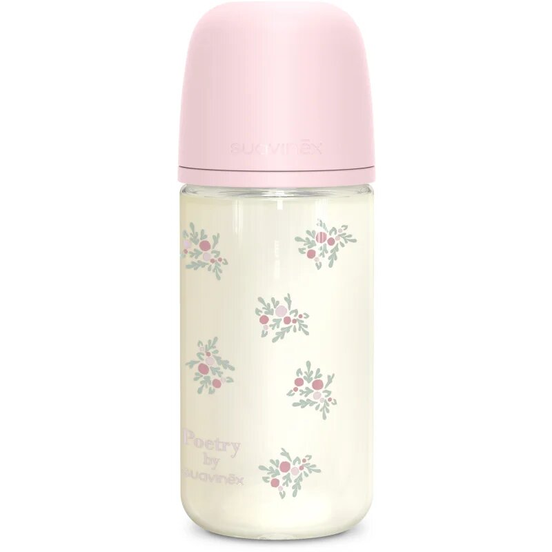 Suavinex Poetry SX Pro Physiological Glass M steklenička za dojenčke 3 m+ Medium Flow - Pink 1 kos