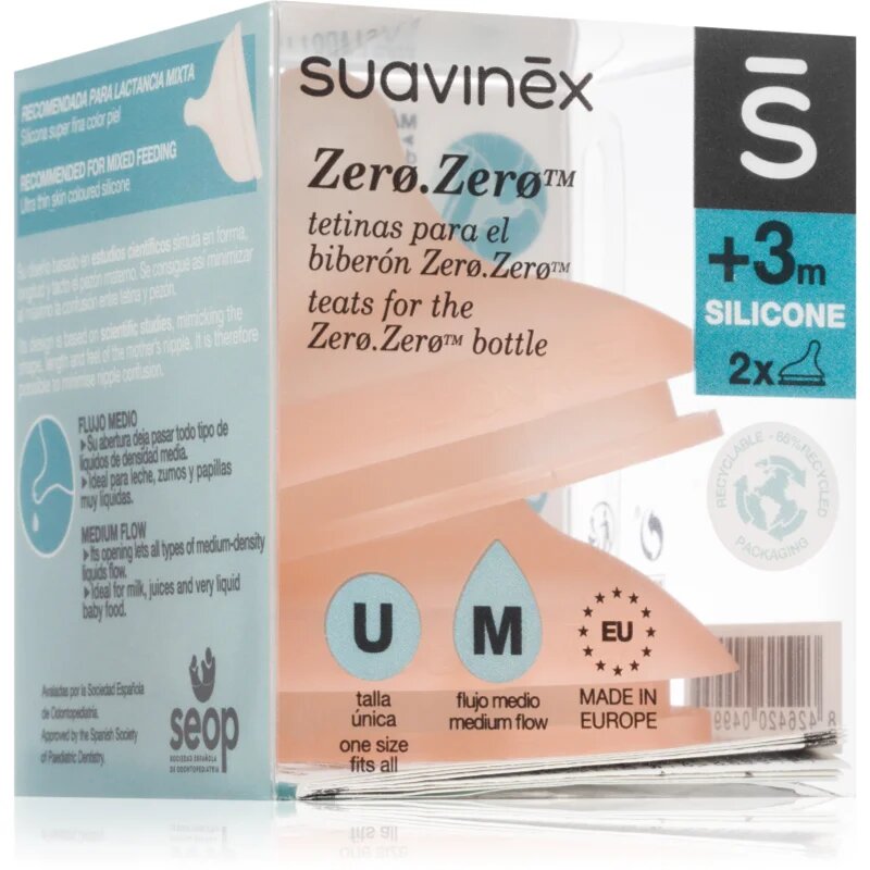 Suavinex Zero Zero Bottle Teat cucelj za stekleničko M Medium Flow 3 m+ 2 kos