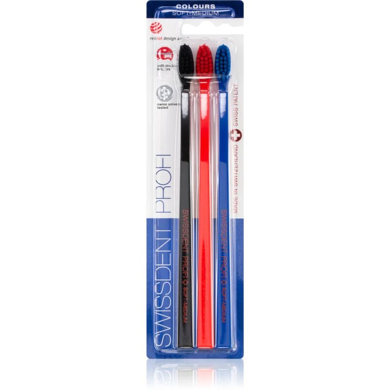 Swissdent Profi Colours zobne ščetke soft - medium black red blue 3 kos