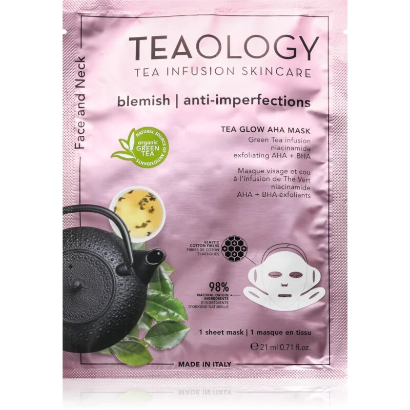 Teaology Tea Glow Blemish AHA Purifying Mask maska iz platna s čistilnim in osvežilnim učinkom za vrat in dekolte 21 ml