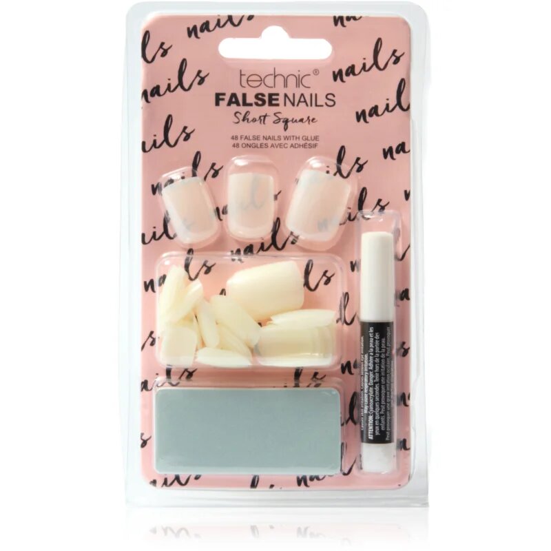 Technic Cosmetics False Nails Short Square umetni nohti z lepilom 48 kos