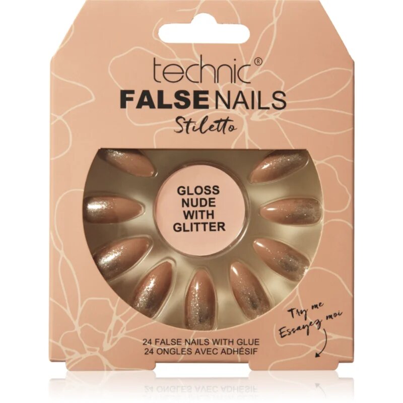 Technic Cosmetics False Nails Stiletto umetni nohti Gloss Nude with Glitter 24 kos