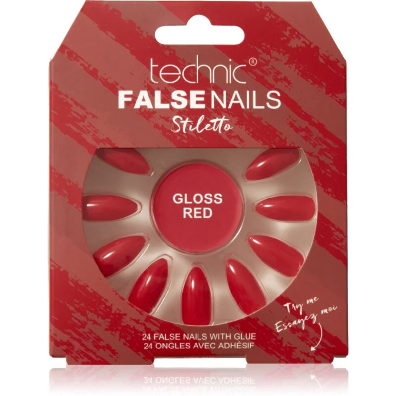 Technic Cosmetics False Nails Stiletto umetni nohti Gloss Red 24 kos