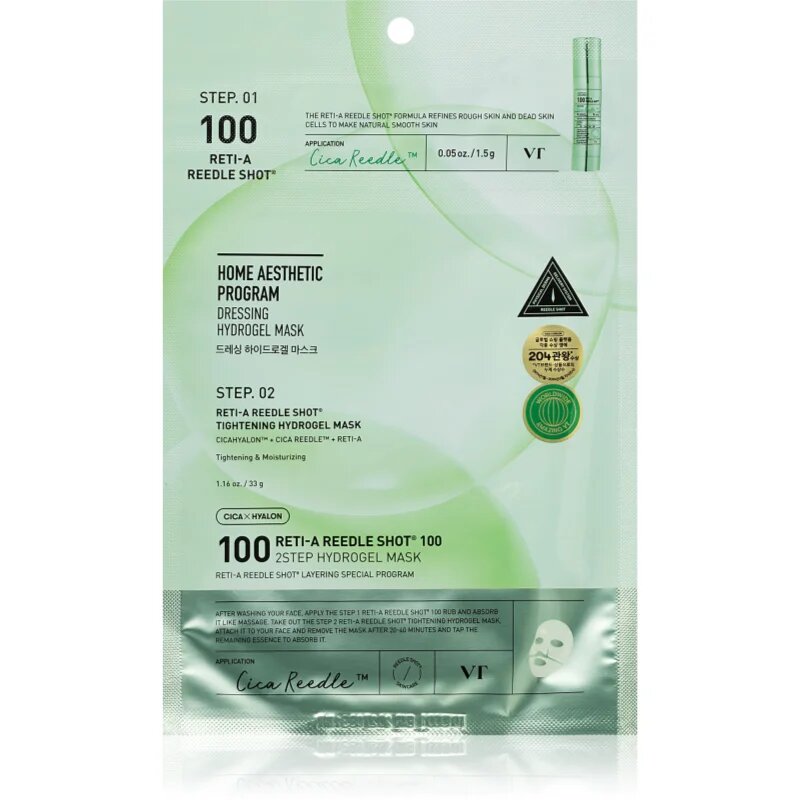 VT Cosmetics Cica Reti-A Reedle Shot 100 2Step Hydrogel Mask intenzivna hidrogelna maska za glajenje kože in zmanjšanje por 34.5 g