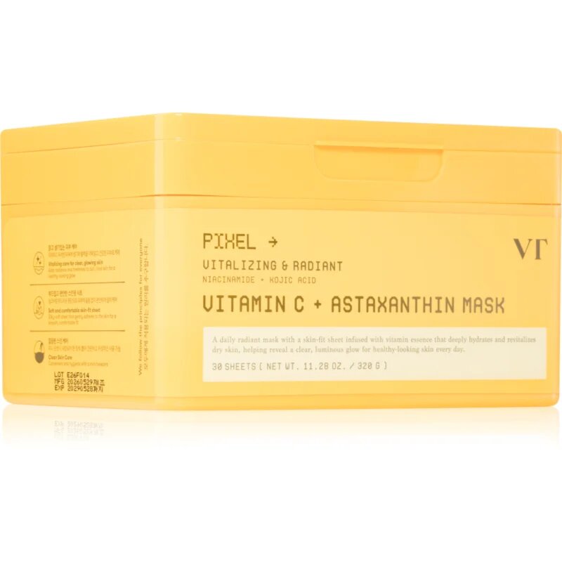 VT Cosmetics Vitamin C Astaxanthin Mask posvetlitvena vlažilna maska za poenotenje tona kože veliko pakiranje 30 kos