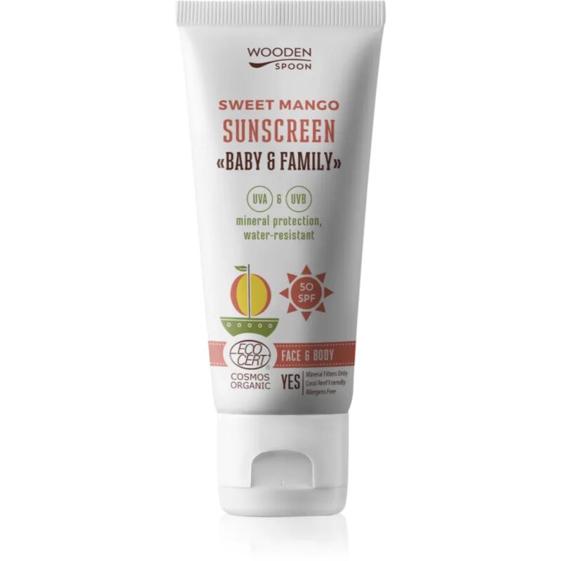 WoodenSpoon Baby & Family Sweet Mango zaščitno mleko za sončenje za celo družino SPF 50 100 ml