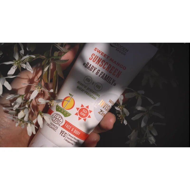 WoodenSpoon Baby & Family Sweet Mango zaščitno mleko za sončenje za celo družino SPF 50 100 ml