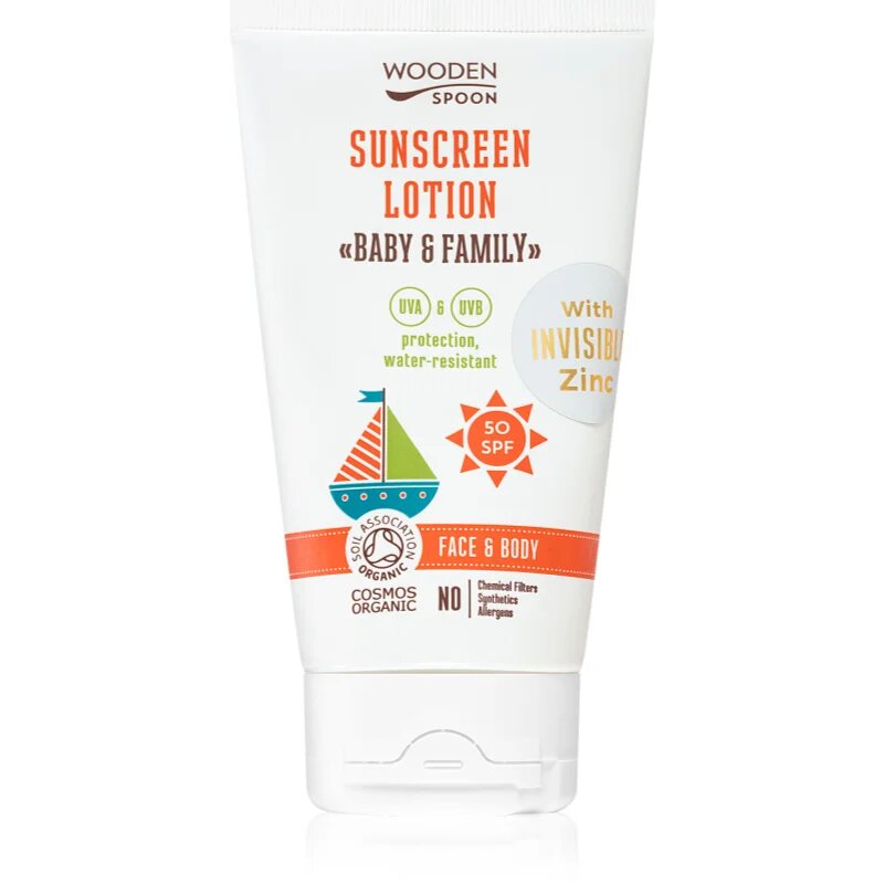 WoodenSpoon Baby & Family zaščitno mleko za sončenje za celo družino SPF 50 150 ml