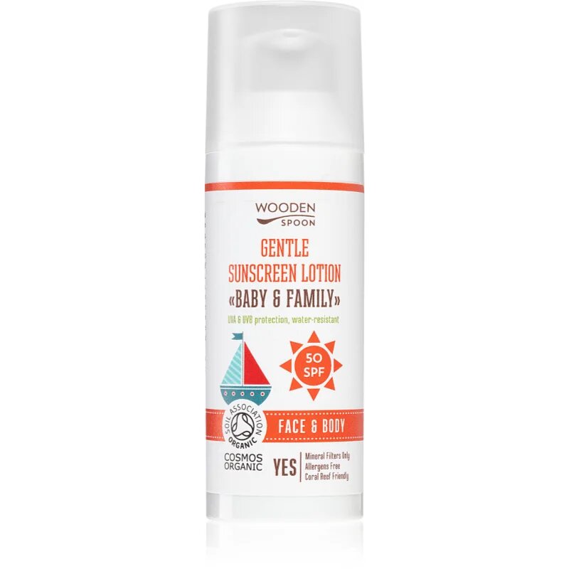 WoodenSpoon Baby & Family zaščitno mleko za sončenje za celo družino SPF 50 50 ml
