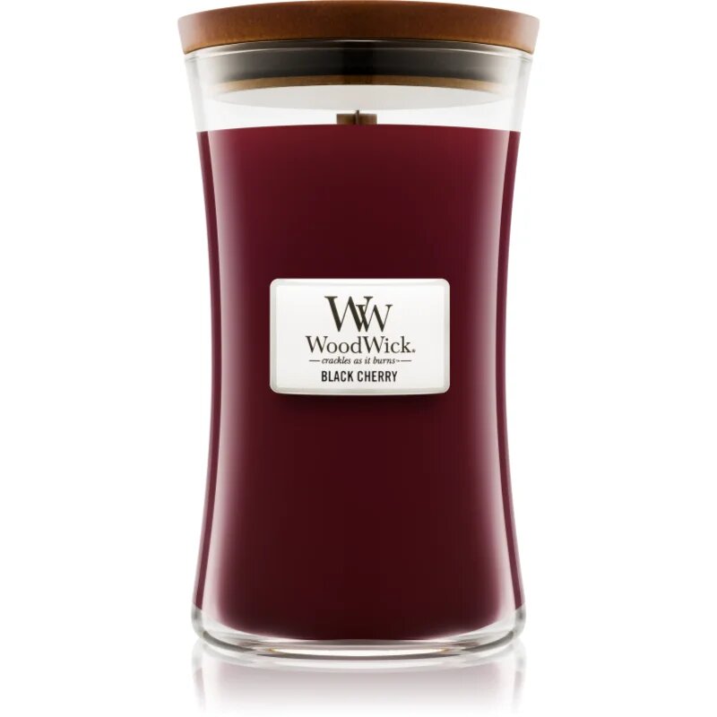 Woodwick Black Cherry dišeča sveča z lesenim stenjem 609.5 g
