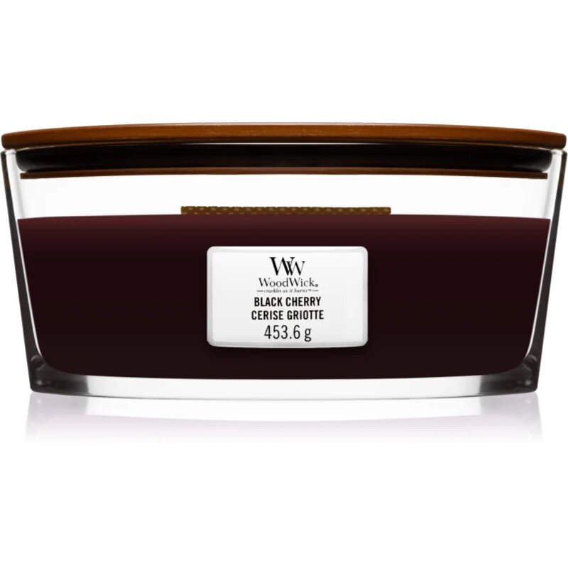 Woodwick Black Cherry dišeča sveča z lesenim stenjem (hearthwick) 453 g