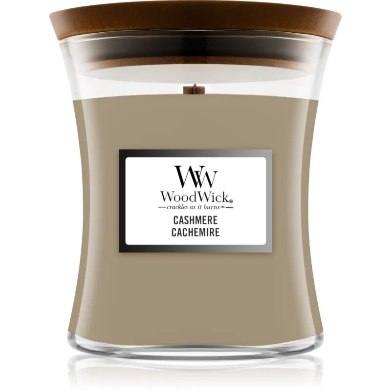 Woodwick Cashmere dišeča sveča z lesenim stenjem 275 g