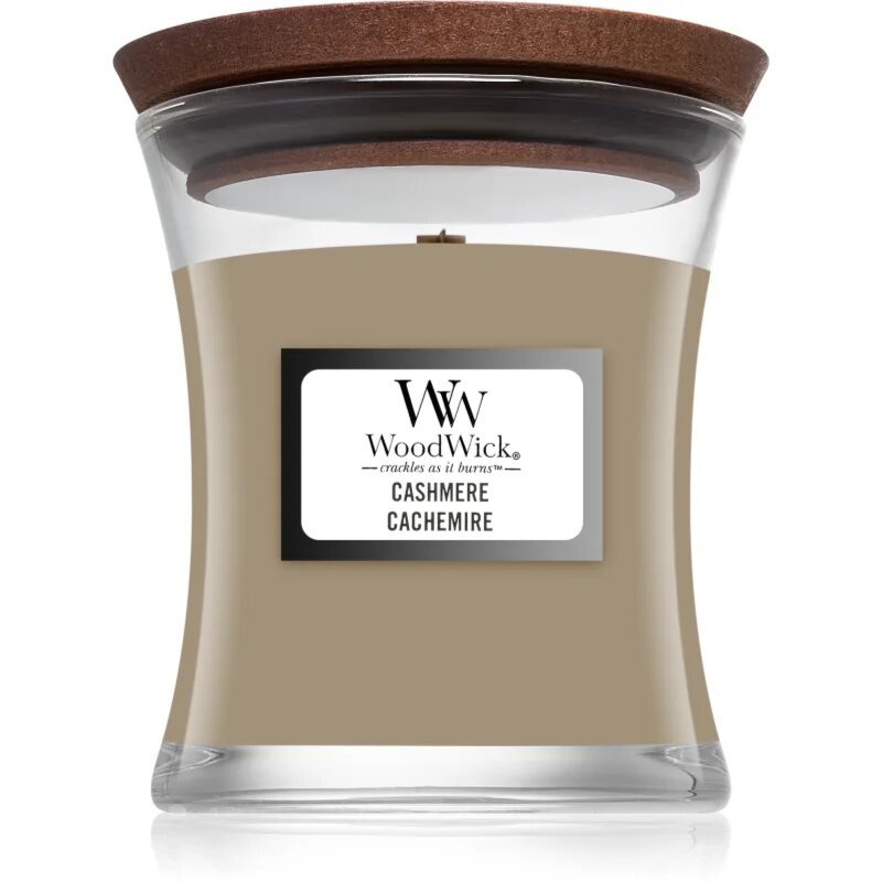 Woodwick Cashmere dišeča sveča z lesenim stenjem 85 g