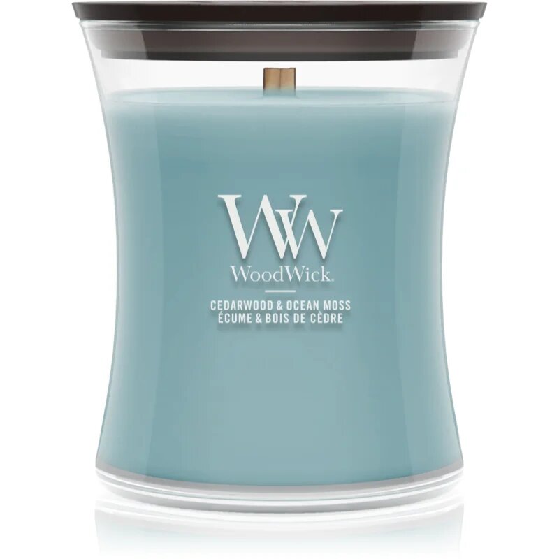 Woodwick Cedarwood & Ocean Moss dišeča sveča z lesenim stenjem 275 g