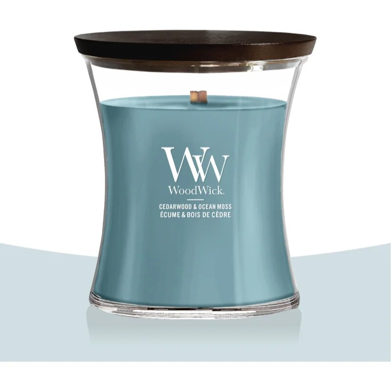 Woodwick Cedarwood & Ocean Moss dišeča sveča z lesenim stenjem 275 g