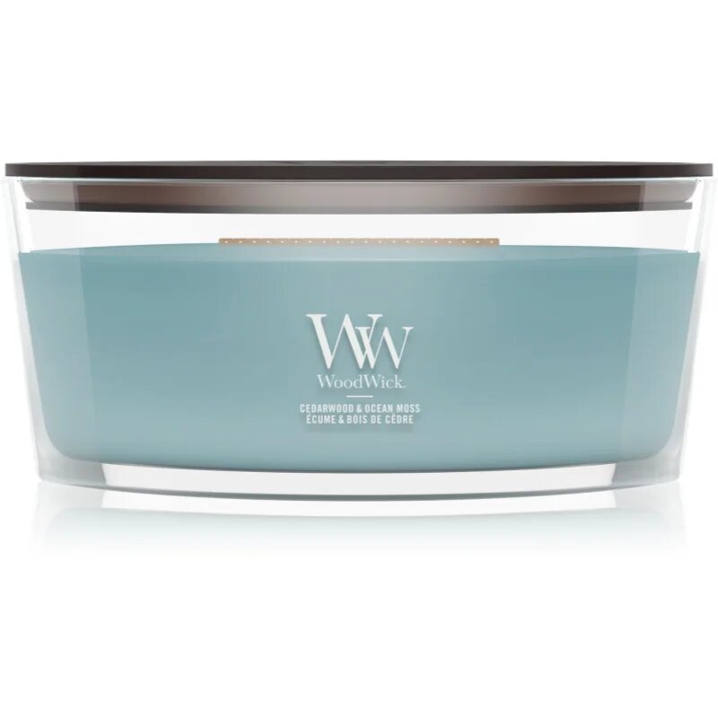 Woodwick Cedarwood & Ocean Moss dišeča sveča z lesenim stenjem 453.6 g