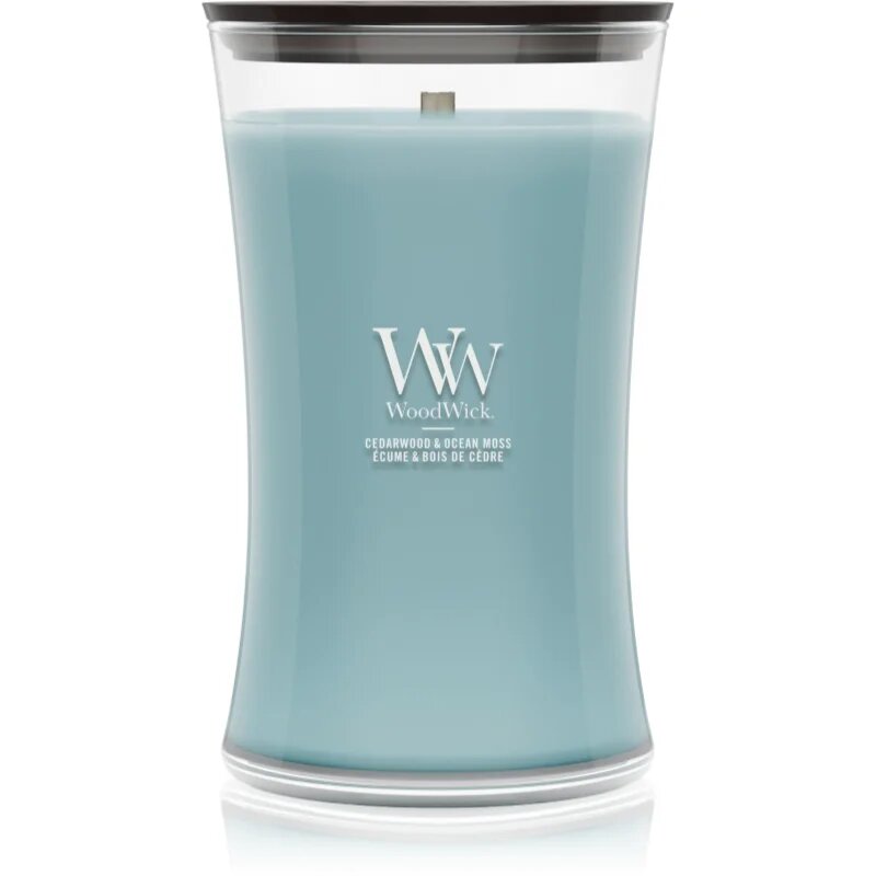 Woodwick Cedarwood & Ocean Moss dišeča sveča z lesenim stenjem 610 g