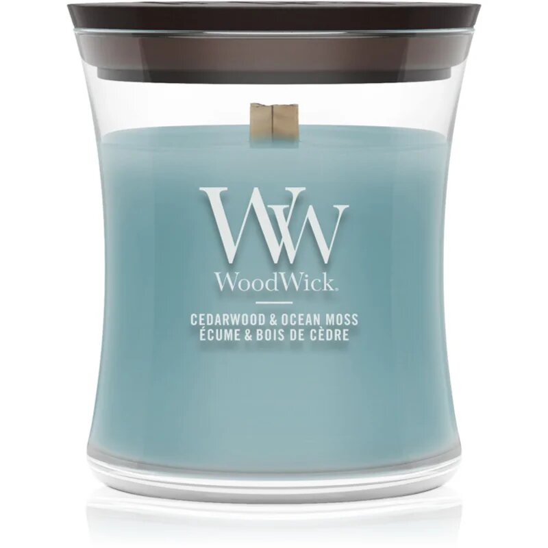 Woodwick Cedarwood & Ocean Moss dišeča sveča z lesenim stenjem 85 g