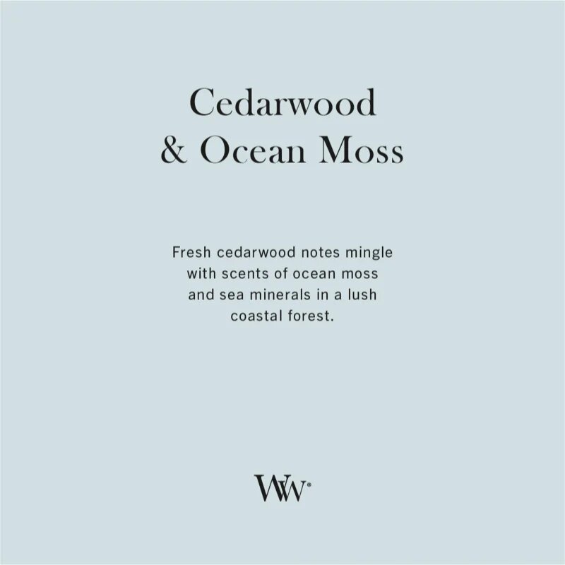Woodwick Cedarwood & Ocean Moss dišeča sveča z lesenim stenjem 85 g