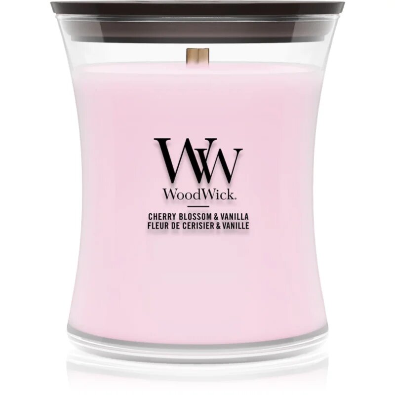 Woodwick Cherry Blossom & Vanilla dišeča sveča z lesenim stenjem 275 g