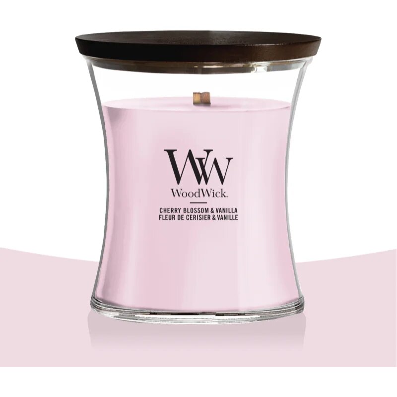 Woodwick Cherry Blossom & Vanilla dišeča sveča z lesenim stenjem 275 g