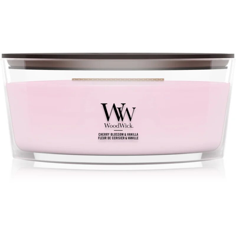 Woodwick Cherry Blossom & Vanilla dišeča sveča z lesenim stenjem 453.6 g