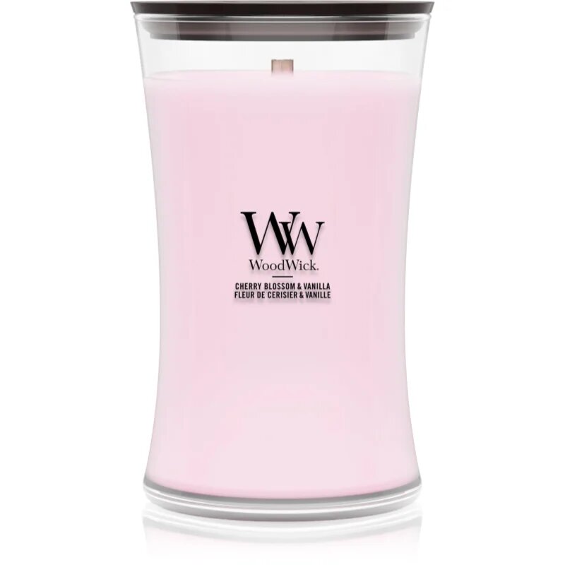Woodwick Cherry Blossom & Vanilla dišeča sveča z lesenim stenjem 610 g