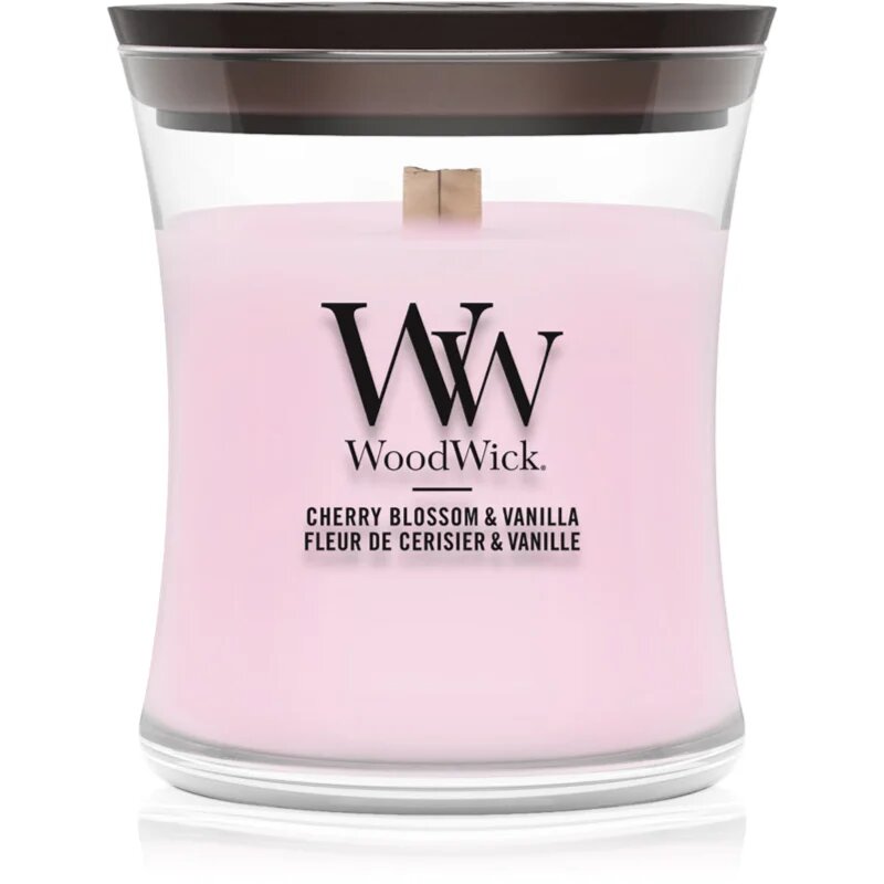 Woodwick Cherry Blossom & Vanilla dišeča sveča z lesenim stenjem 85 g