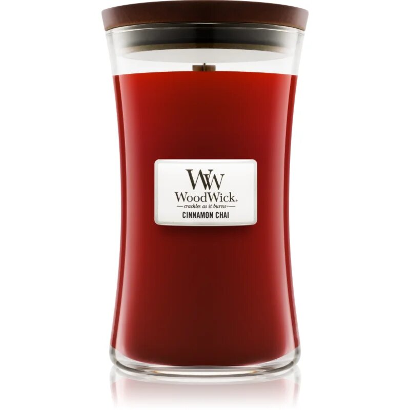 Woodwick Cinnamon Chai dišeča sveča z lesenim stenjem 609.5 g