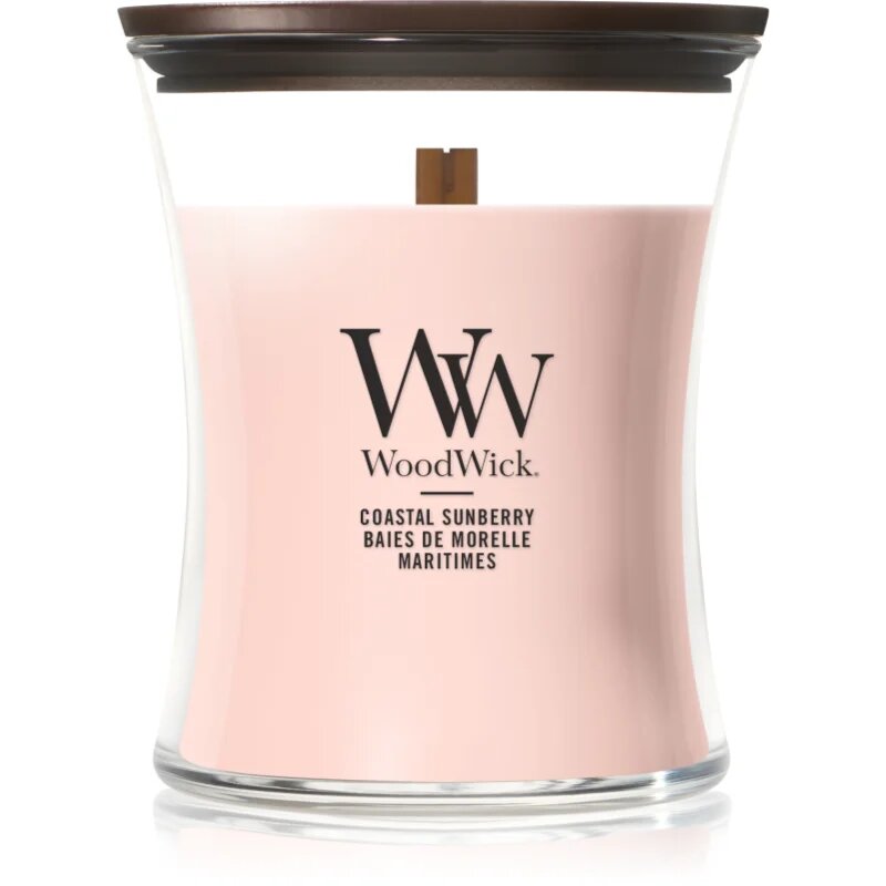 Woodwick Coastal Sunberry dišeča sveča z lesenim stenjem 275 g