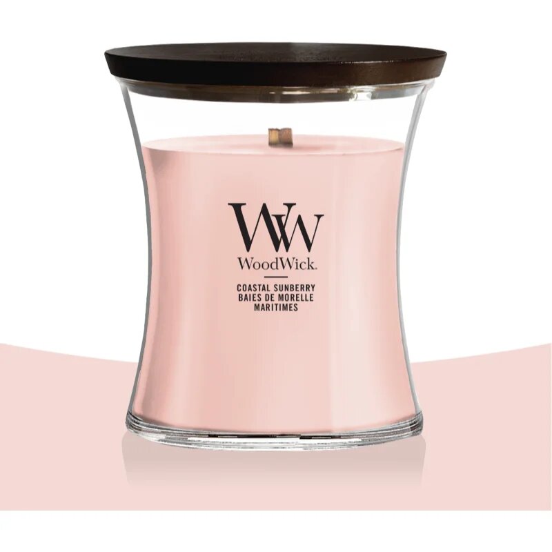 Woodwick Coastal Sunberry dišeča sveča z lesenim stenjem 275 g