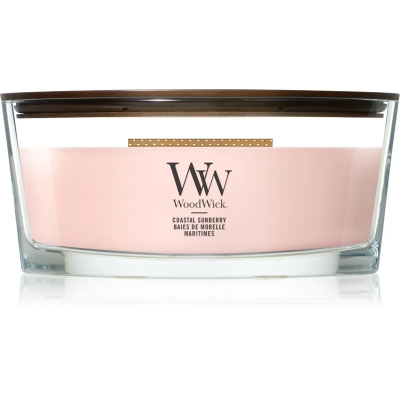 Woodwick Coastal Sunberry dišeča sveča z lesenim stenjem 453.6 g