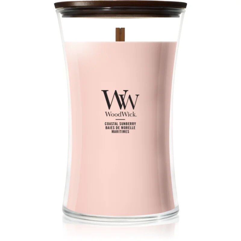 Woodwick Coastal Sunberry dišeča sveča z lesenim stenjem 610 g