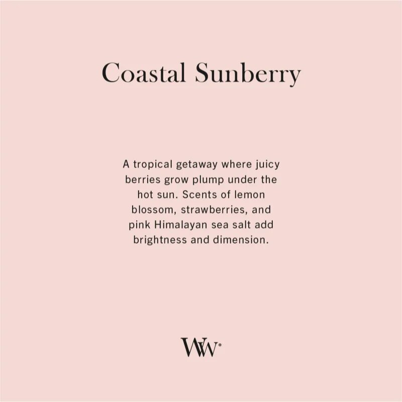 Woodwick Coastal Sunberry dišeča sveča z lesenim stenjem 610 g