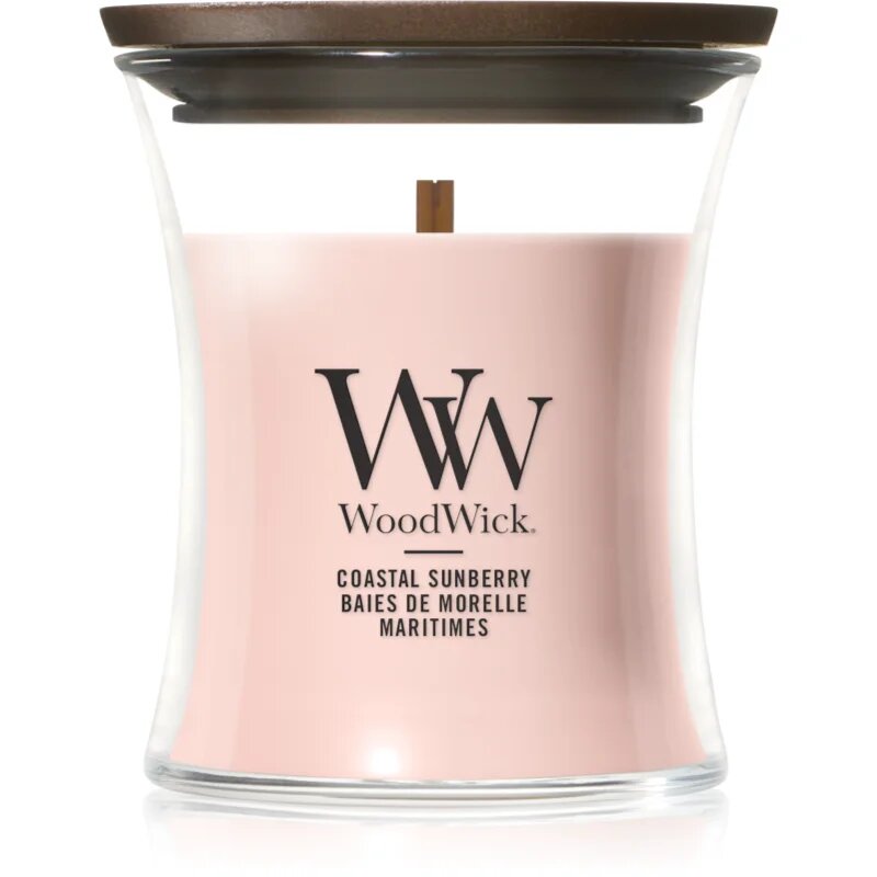 Woodwick Coastal Sunberry dišeča sveča z lesenim stenjem 85 g