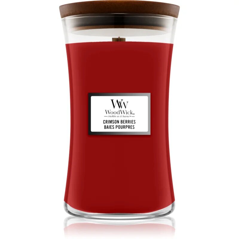 Woodwick Crimson Berries dišeča sveča z lesenim stenjem 610 g