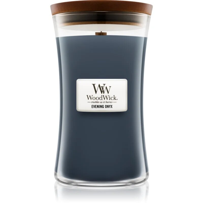 Woodwick Evening Onyx dišeča sveča z lesenim stenjem 609.5 g