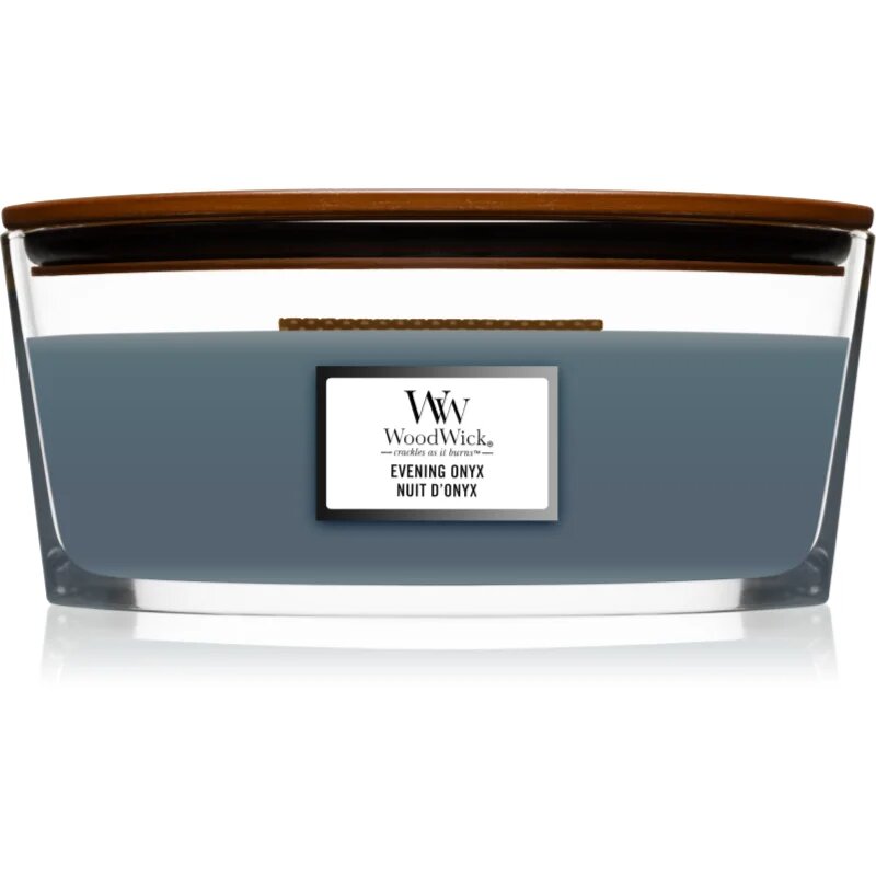 Woodwick Evening Onyx dišeča sveča z lesenim stenjem (hearthwick) 453 g