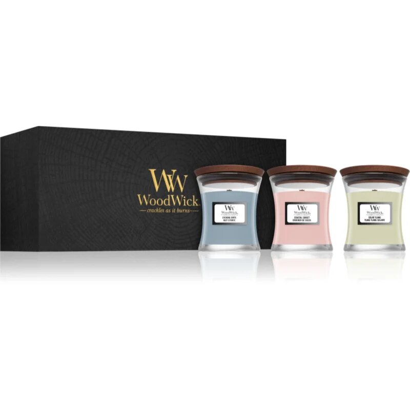 Woodwick Evening Onyx & Solar Ylang & Coastal Sunset darilni set z lesenim stenjem (gift box) 1 kos