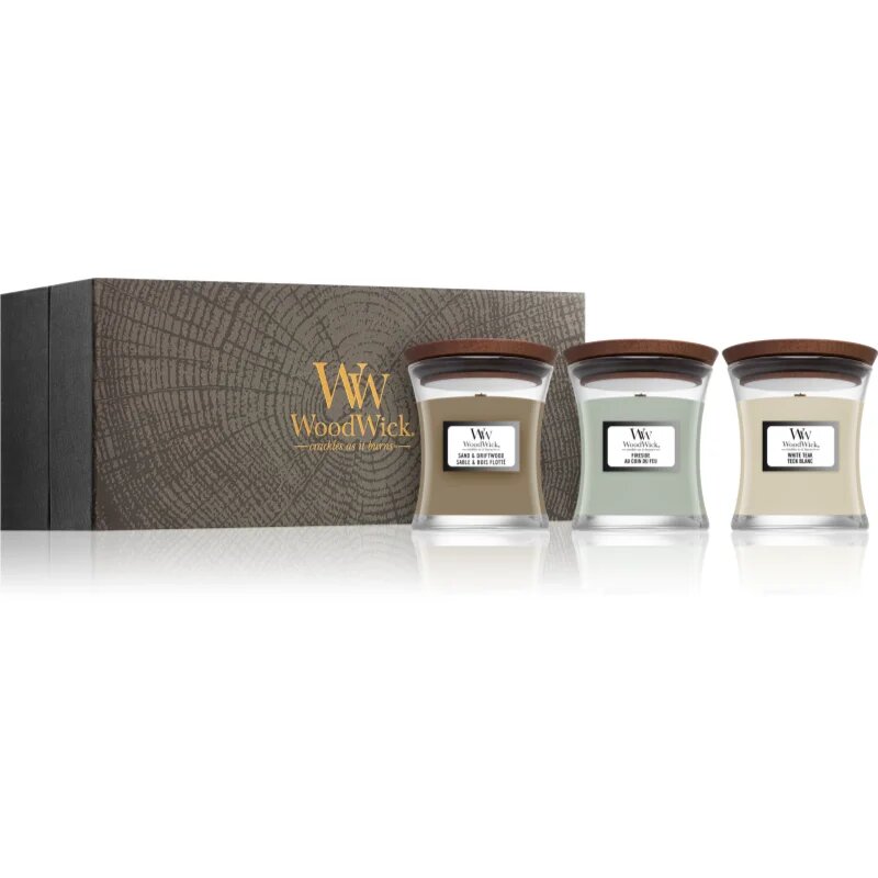 Woodwick Fireside + White Teak + Sand & Driftwood darilni set 3x85 g
