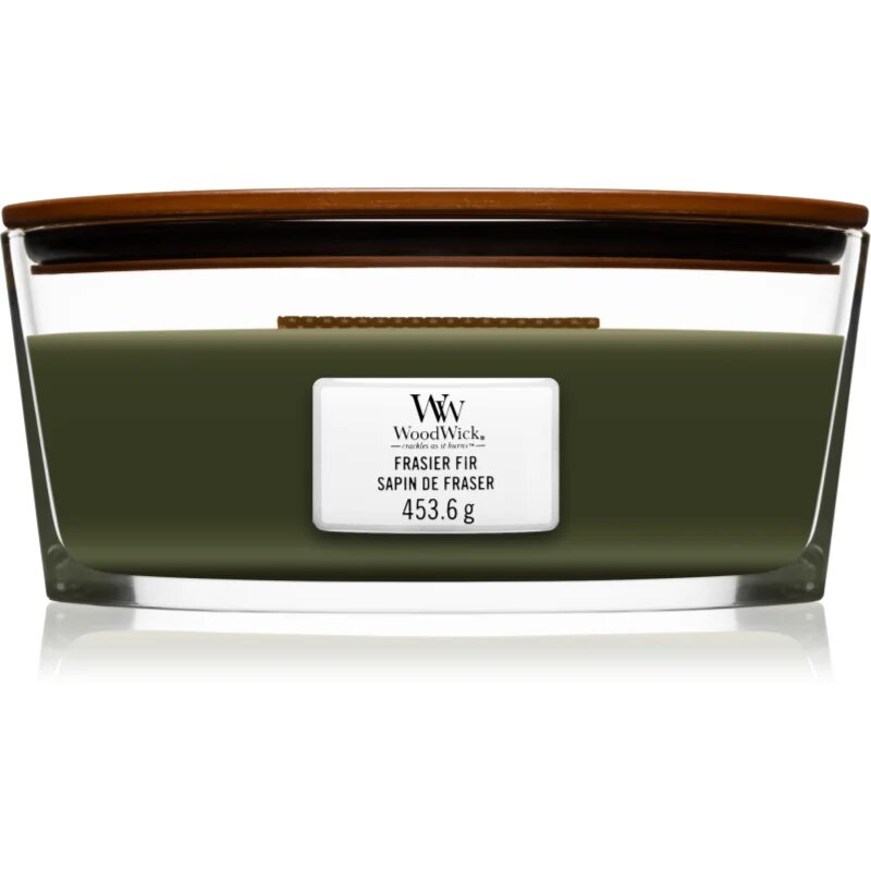 Woodwick Frasier Fir dišeča sveča z lesenim stenjem (hearthwick) 453.6 g