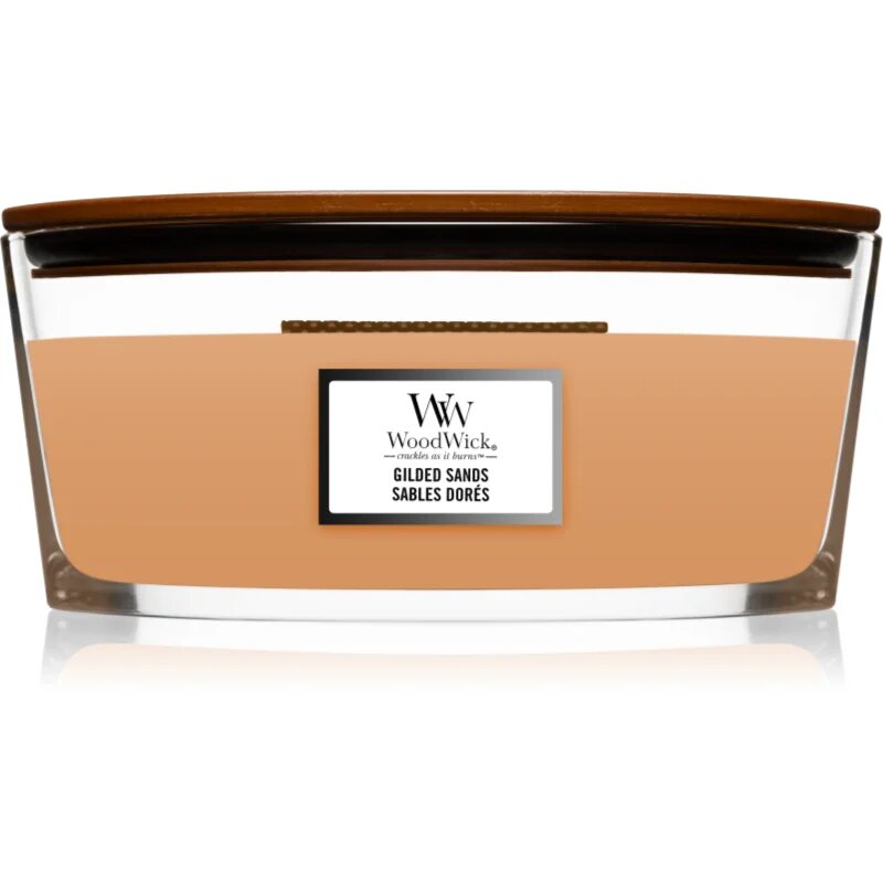 Woodwick Gilded Sands dišeča sveča z lesenim stenjem (hearthwick) 453 g