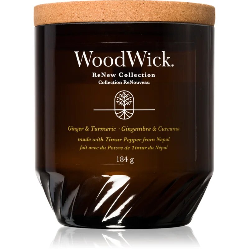 Woodwick Ginger & Turmeric dišeča sveča z lesenim stenjem 184 g