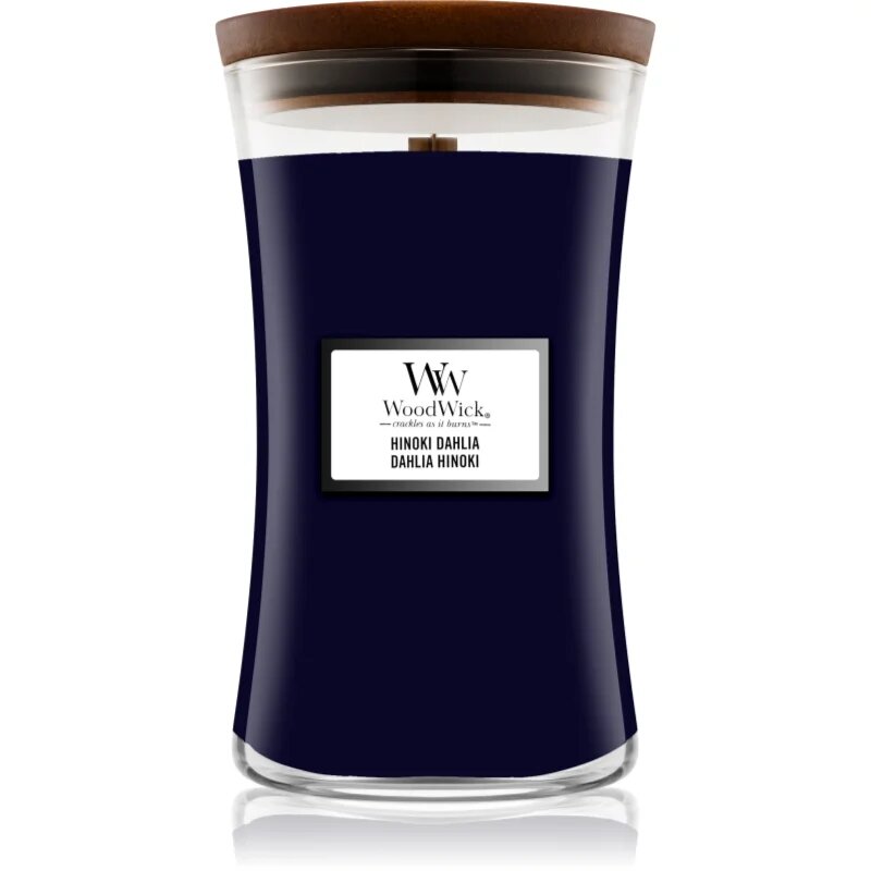 Woodwick Hinoki Dahlia dišeča sveča z lesenim stenjem 610 g