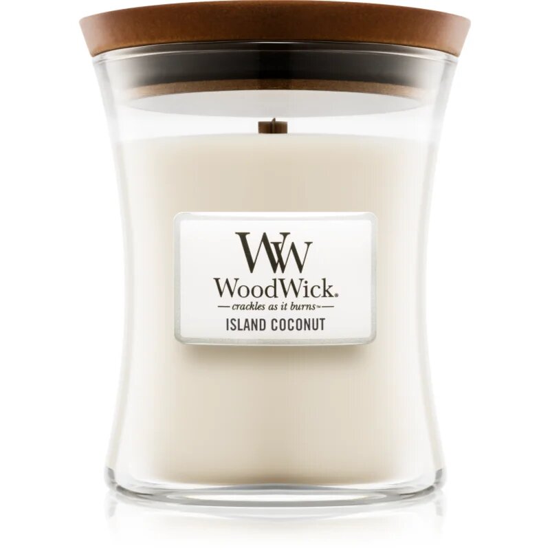 Woodwick Island Coconut dišeča sveča z lesenim stenjem 275 g