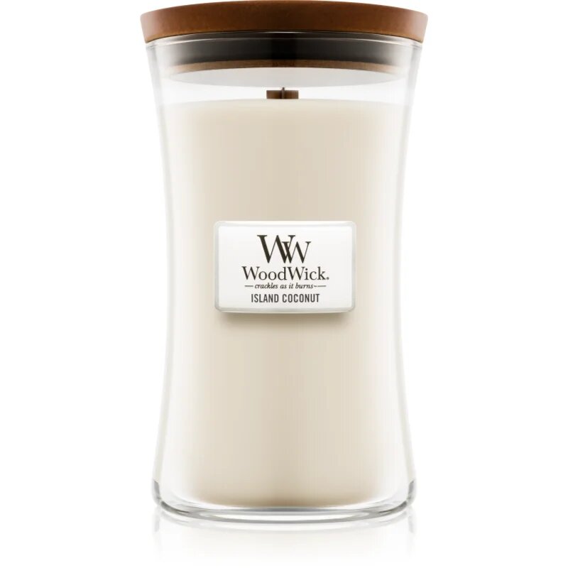Woodwick Island Coconut dišeča sveča z lesenim stenjem 609.5 g